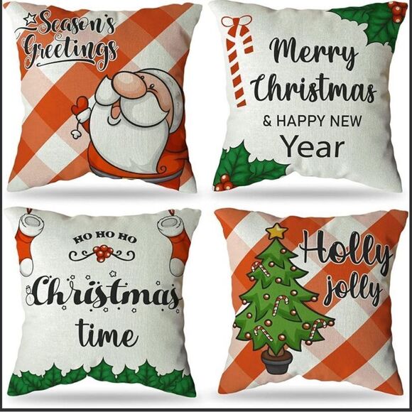 Christmas Pillow Covers 18x18 InchChristmas Tree Santa Claus Decorative Set Of 4 - Picture 1 of 2